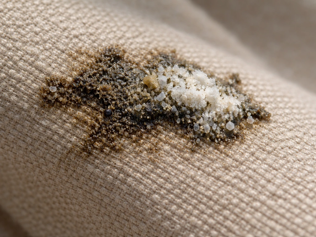 Close-up of bird droppings residue on fabric fibers with white chalky uric-acid crystals and darker fecal portion.