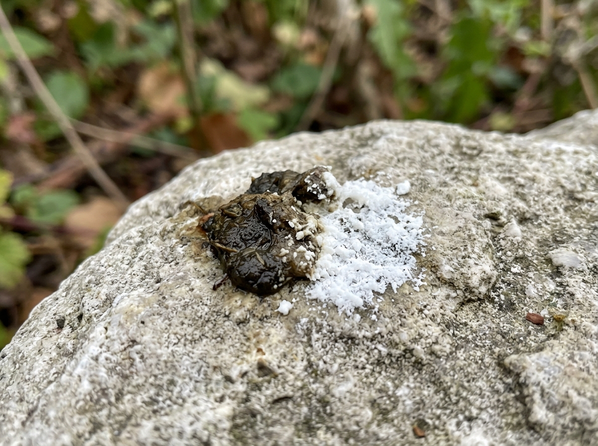 Close-up of bird droppings highlighting white urates on a surface