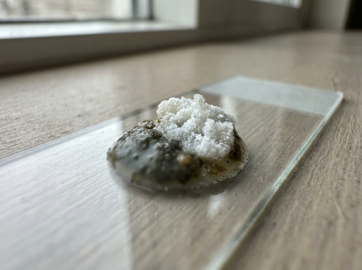 Urate crystals showing the white part of bird droppings