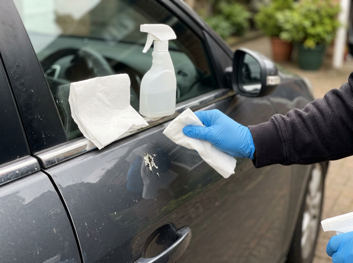 Gloved safe cleanup of bird droppings using wipes and paper towels