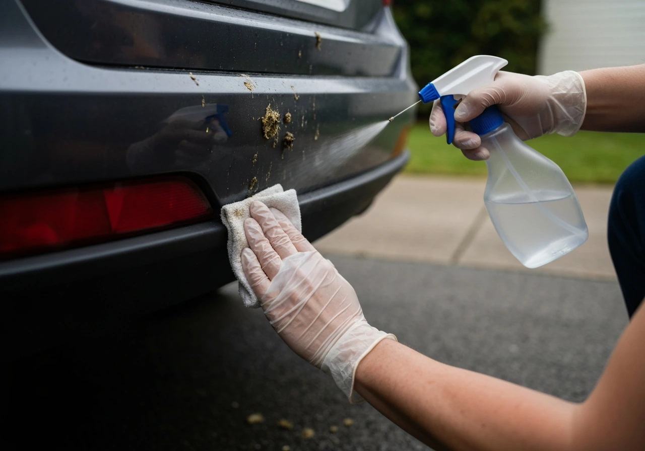 Gloved hands cleaning fresh bird droppings on a car surface with spray bottle and cloth
