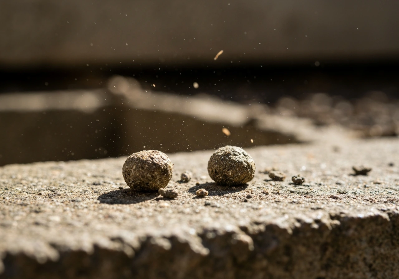 Macro close-up of dried bird droppings with fine dust particles in sharp focus