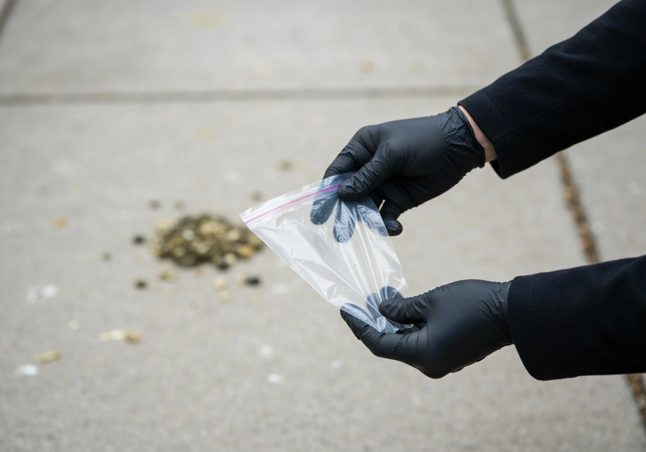 Hands in nitrile gloves and a long-sleeve protective top holding a disposable bag near droppings cleanup.