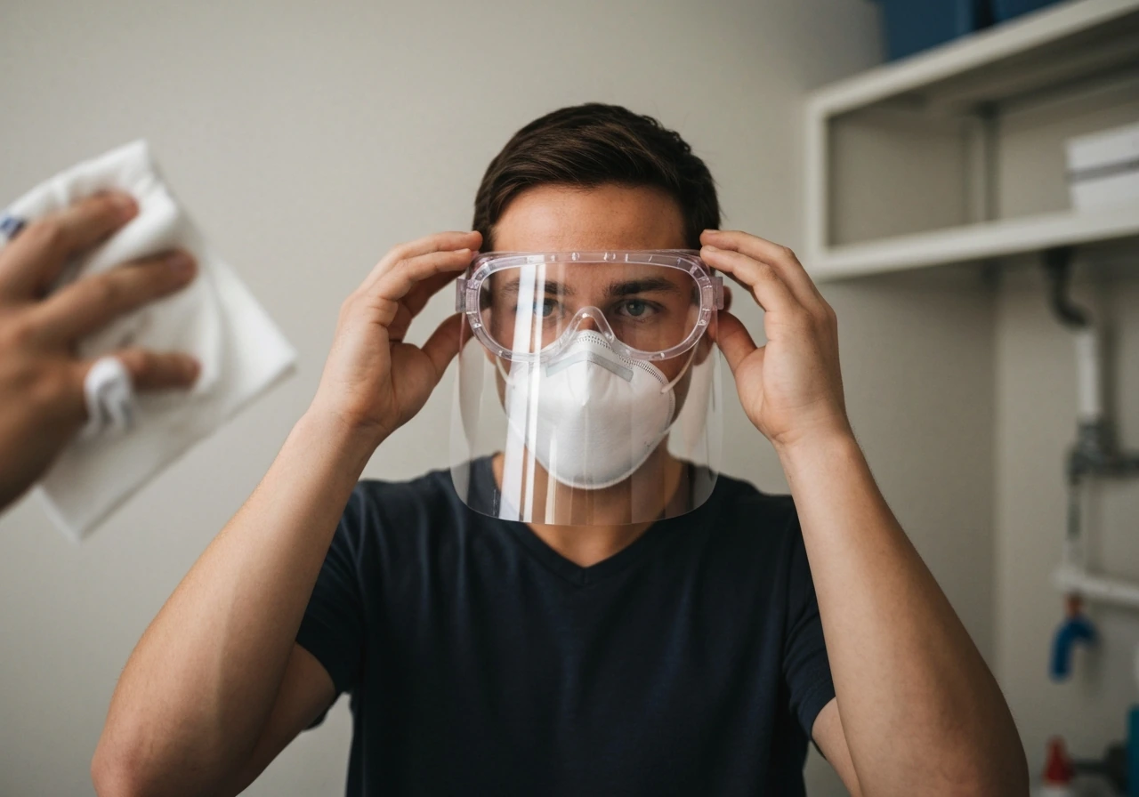 Person putting on clear protective goggles and face shield before cleaning bird droppings