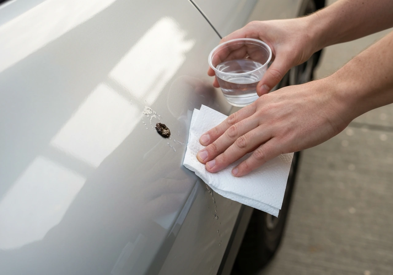 Hands wiping fresh bird droppings off a parked car using disposable towels and a water-soaked approach.