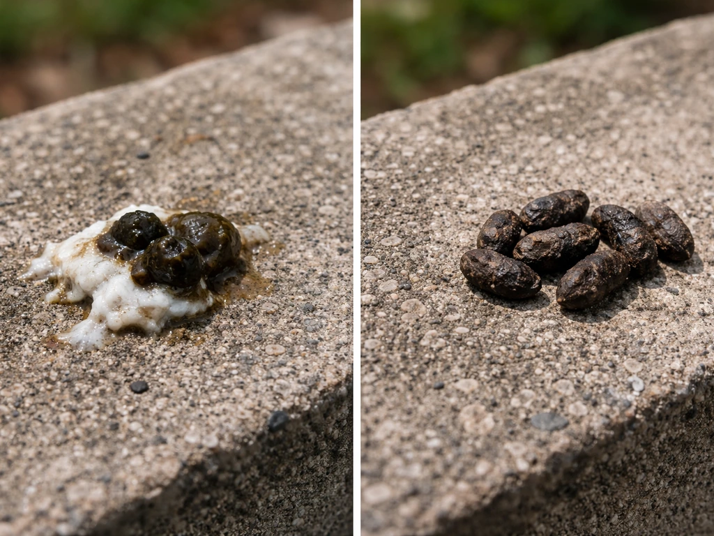 Close-up showing two-tone fresh bird droppings and darker rat droppings on a rough outdoor surface.