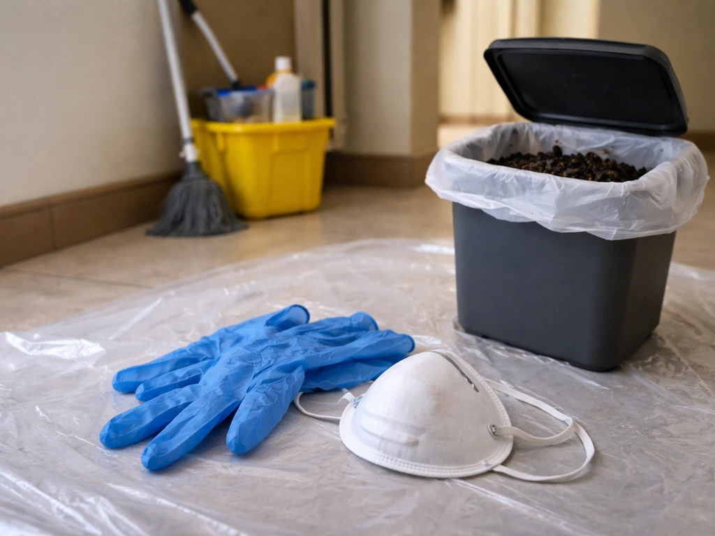 Gloves and mask beside a small covered waste container suggesting bird-dropping contamination cleanup.