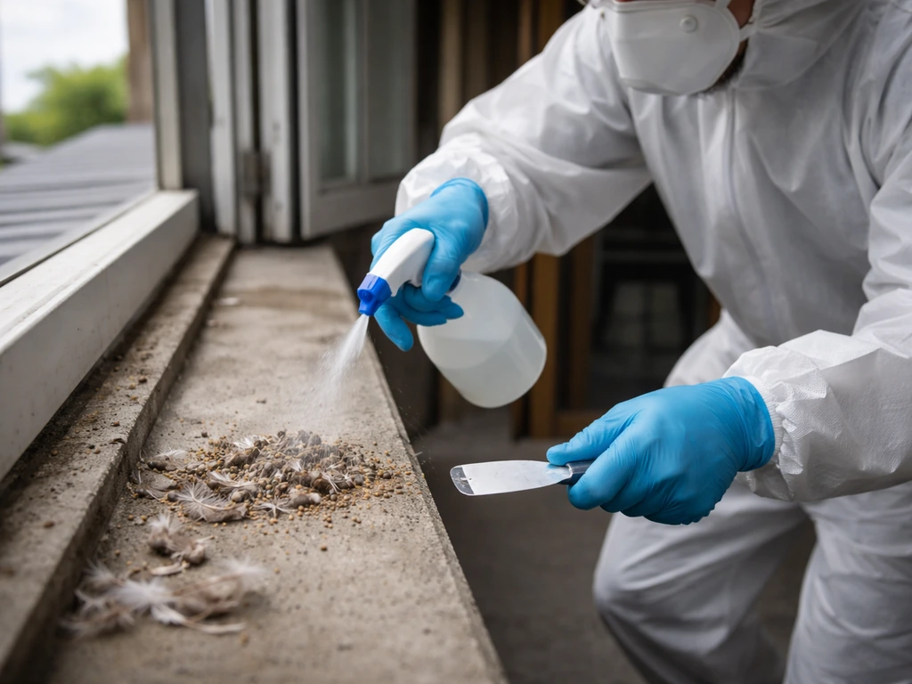 Anonymous cleaner wearing N95 and gloves wets bird droppings on a rooftop ledge near an open doorway.