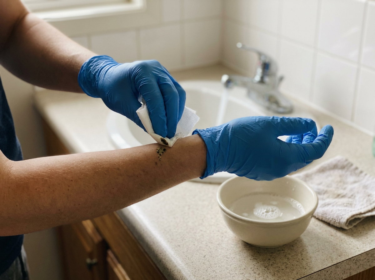 Gloved hands blotting and lifting bird droppings from skin