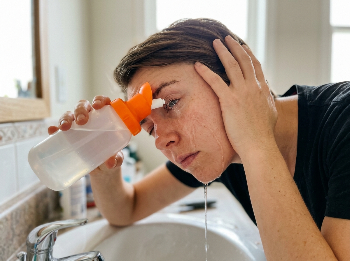 Eye rinsing with saline or running water after bird poop exposure