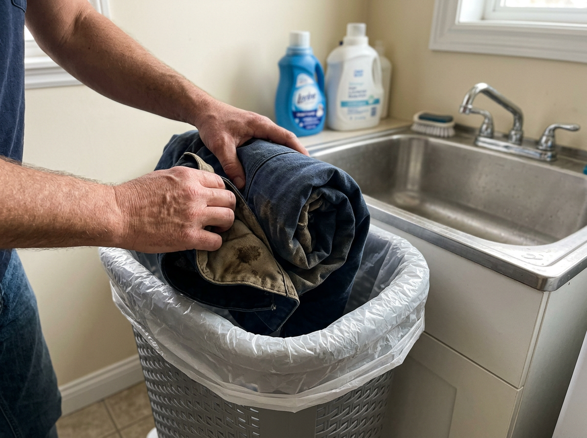 Rolling soiled clothing inward before bagging for cleaning
