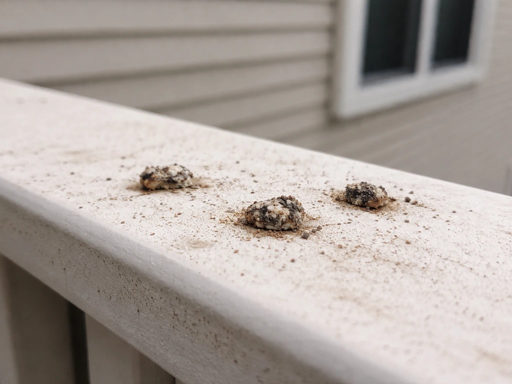 Close-up of dried bird droppings on an outdoor window ledge in natural light.
