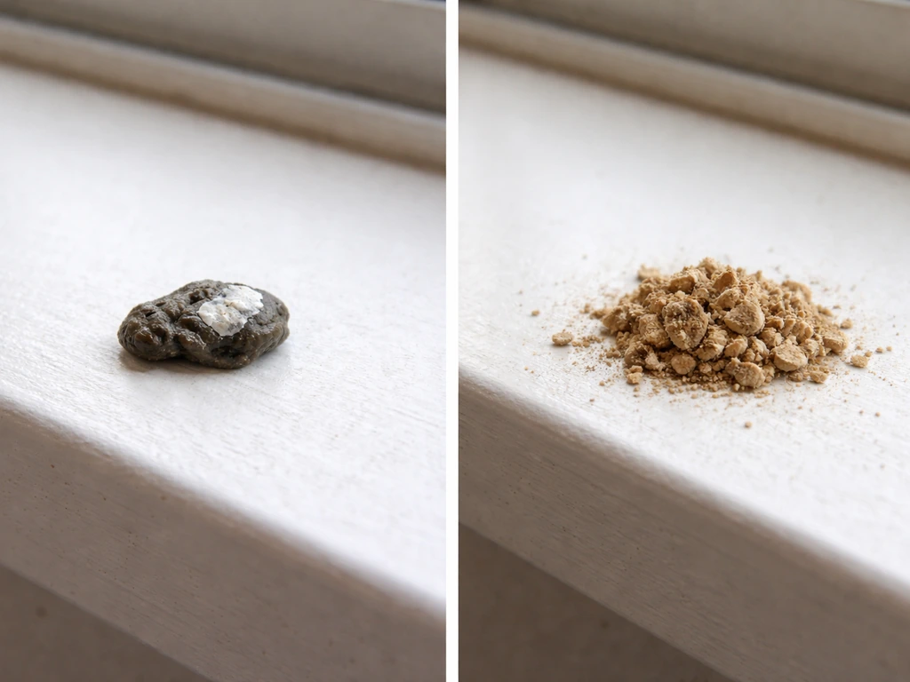 Close-up side-by-side: dark pigeon dropping next to a lighter tan mound of guano on a windowsill.