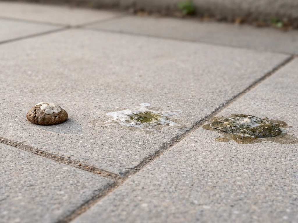Minimal photo-style close-up of bird droppings samples on clean outdoor paving, no text