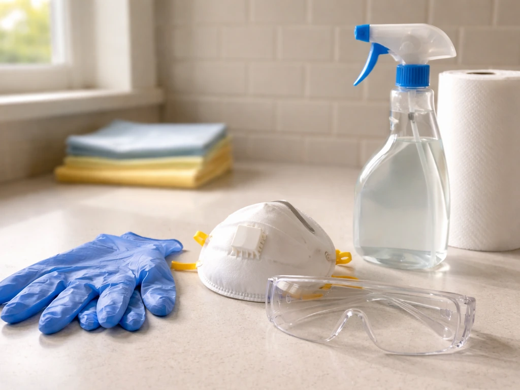 Gloves, N95 mask, and protective goggles laid next to basic cleaning supplies on a kitchen counter.