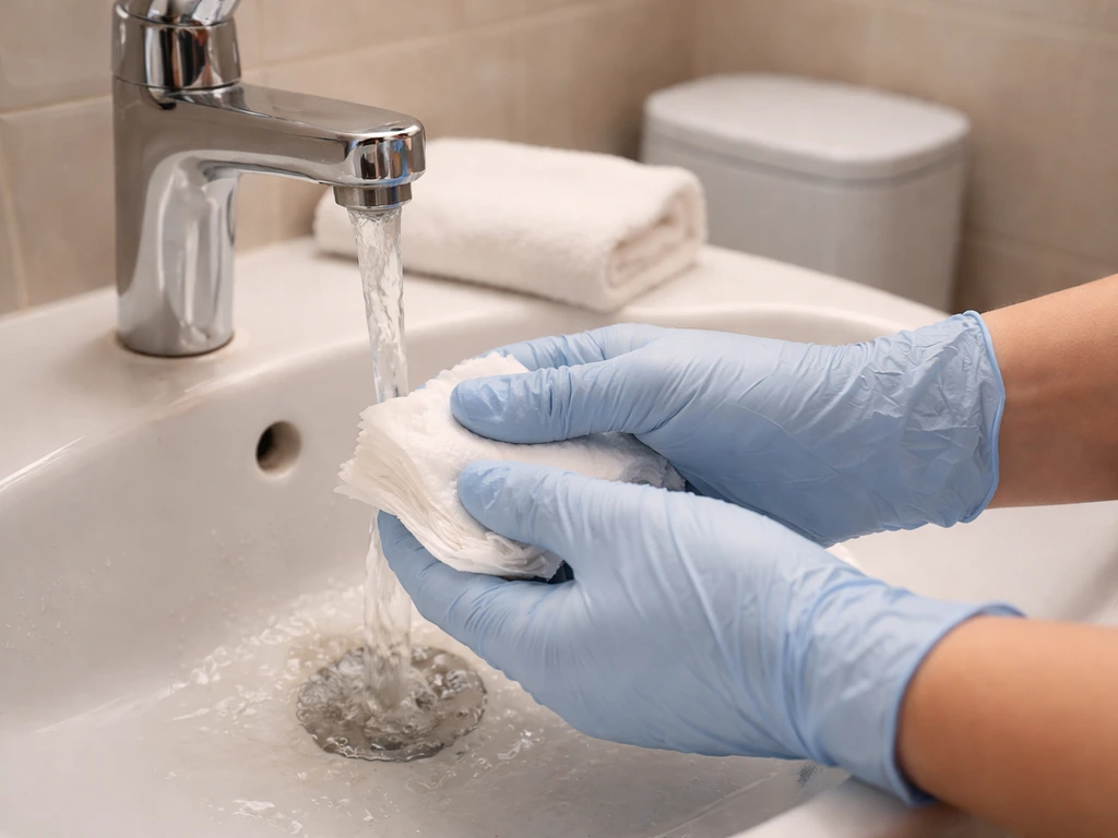 Gloved hands rinsing and gently wiping the perianal area in a clean bathroom with warm water, discreet and non-graphic.