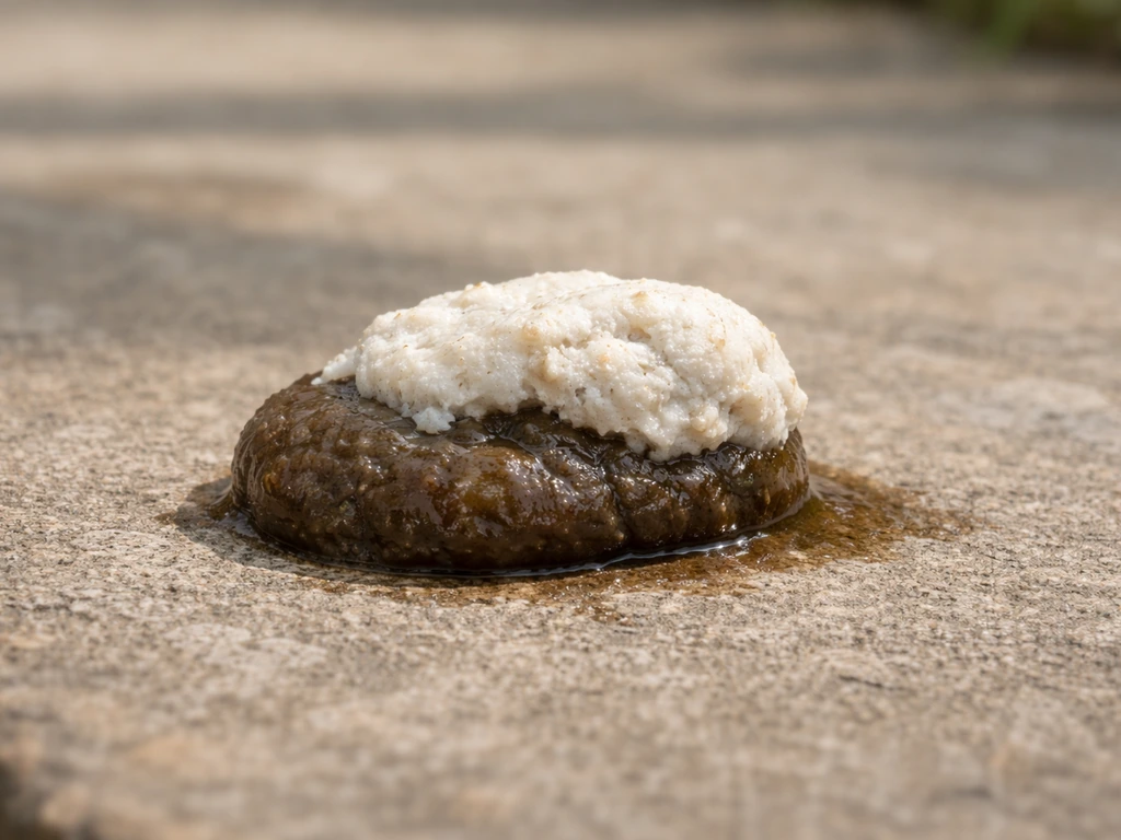 Close-up of bird droppings showing a dark fecal part with a chalky white component.