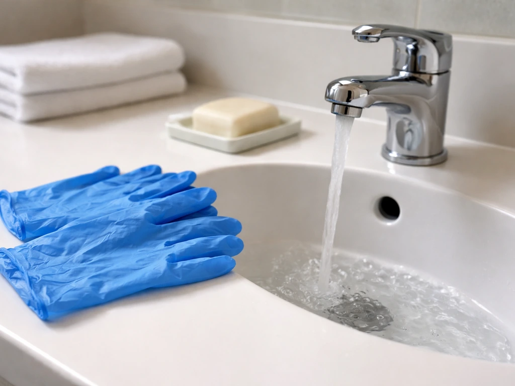 Disposable gloves laid out beside a clean sink setup for handwashing before handling contaminated materials.