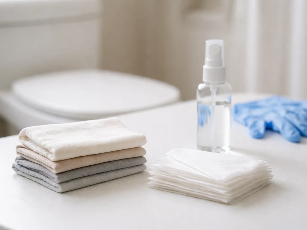 Minimal photo of cleaning supplies and bathroom surfaces with bundled clothes and wipes, ready for disinfection.