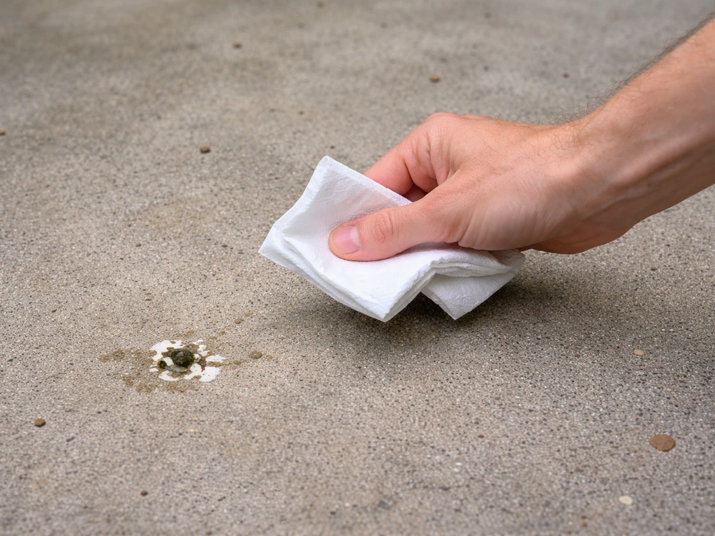 Close-up of a person’s forearm and hand avoiding bird droppings on a patio, showing caution and skin concern.