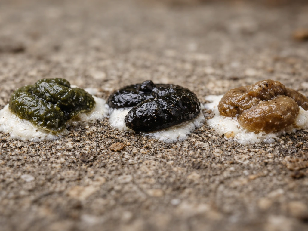Macro close-up of bird droppings showing dark green, black, and brown tones with white urate.
