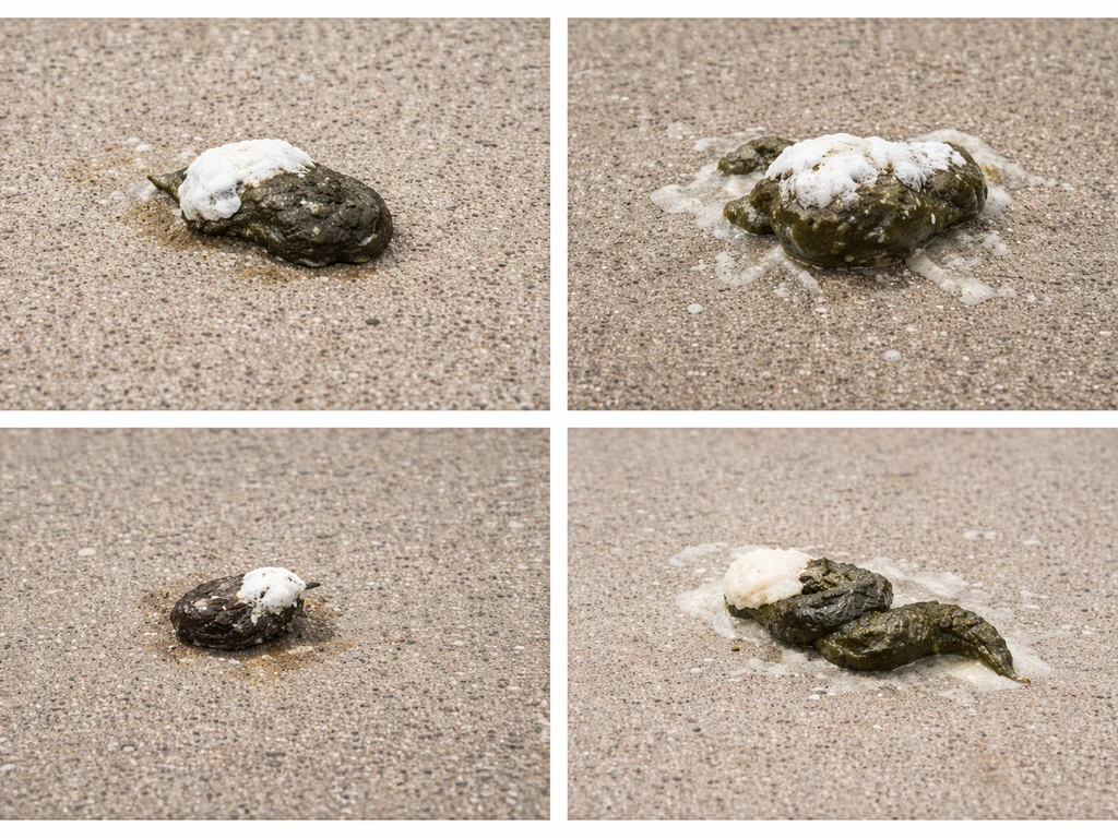 Close-up of bird droppings samples on a sidewalk, showing different sizes and pale urate caps