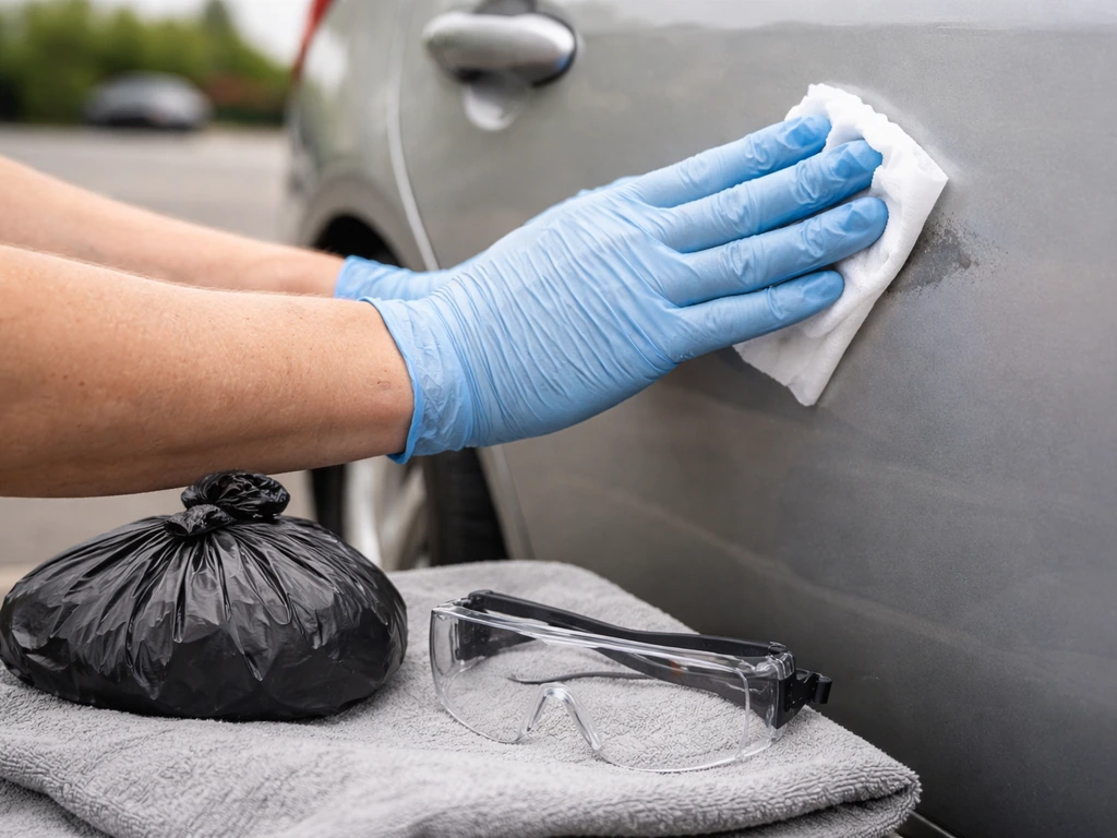 Gloved hands wiping a car door with a damp wipe, with safety goggles and trash bag nearby.