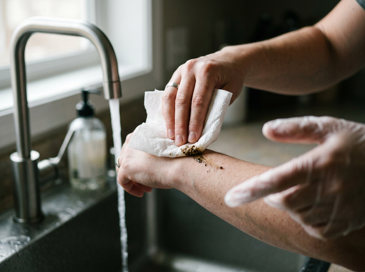 Gently wiping bird droppings off skin with paper towel, hand kept away from face