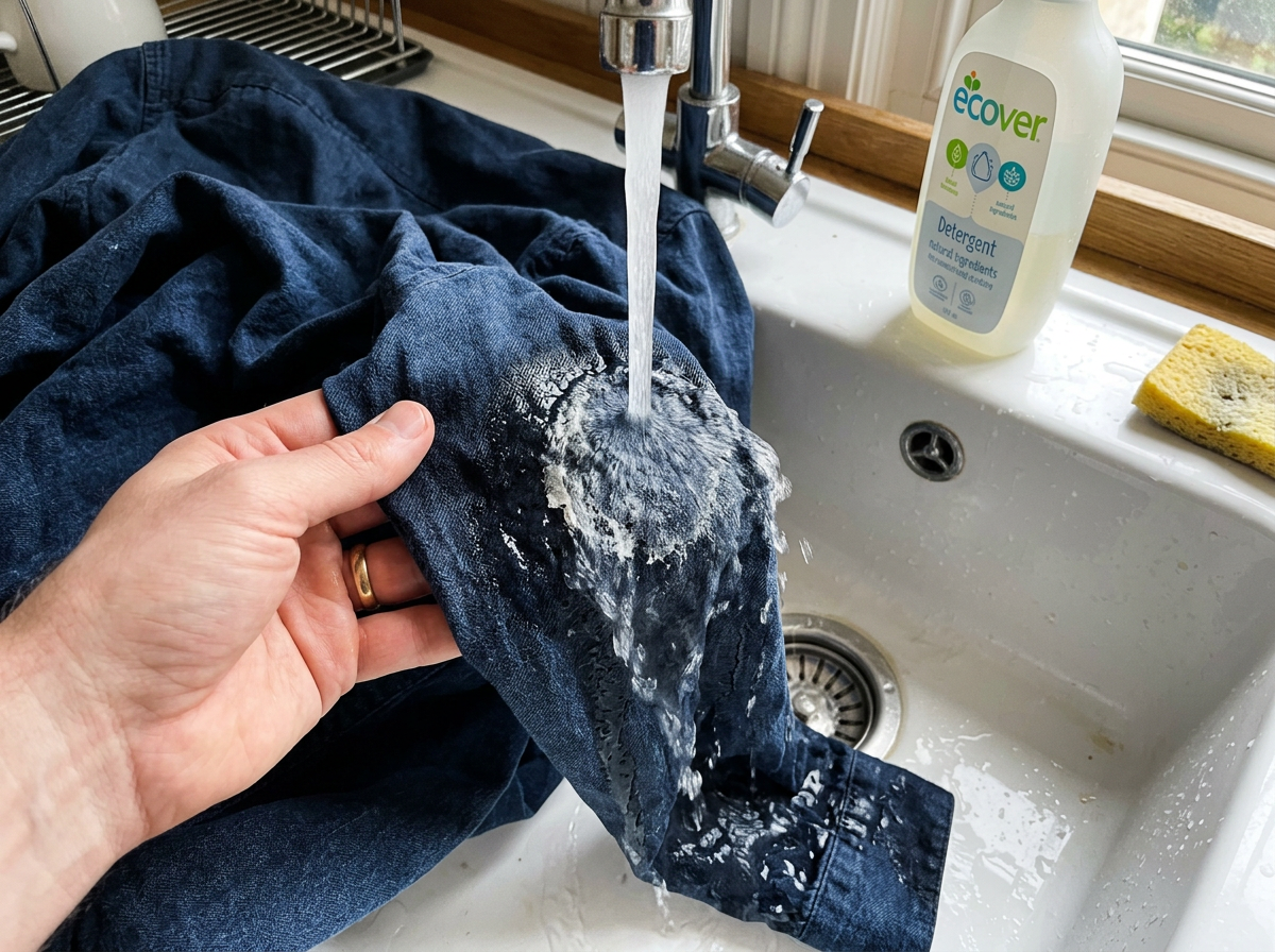 Cold-water rinse of a stained shirt before washing