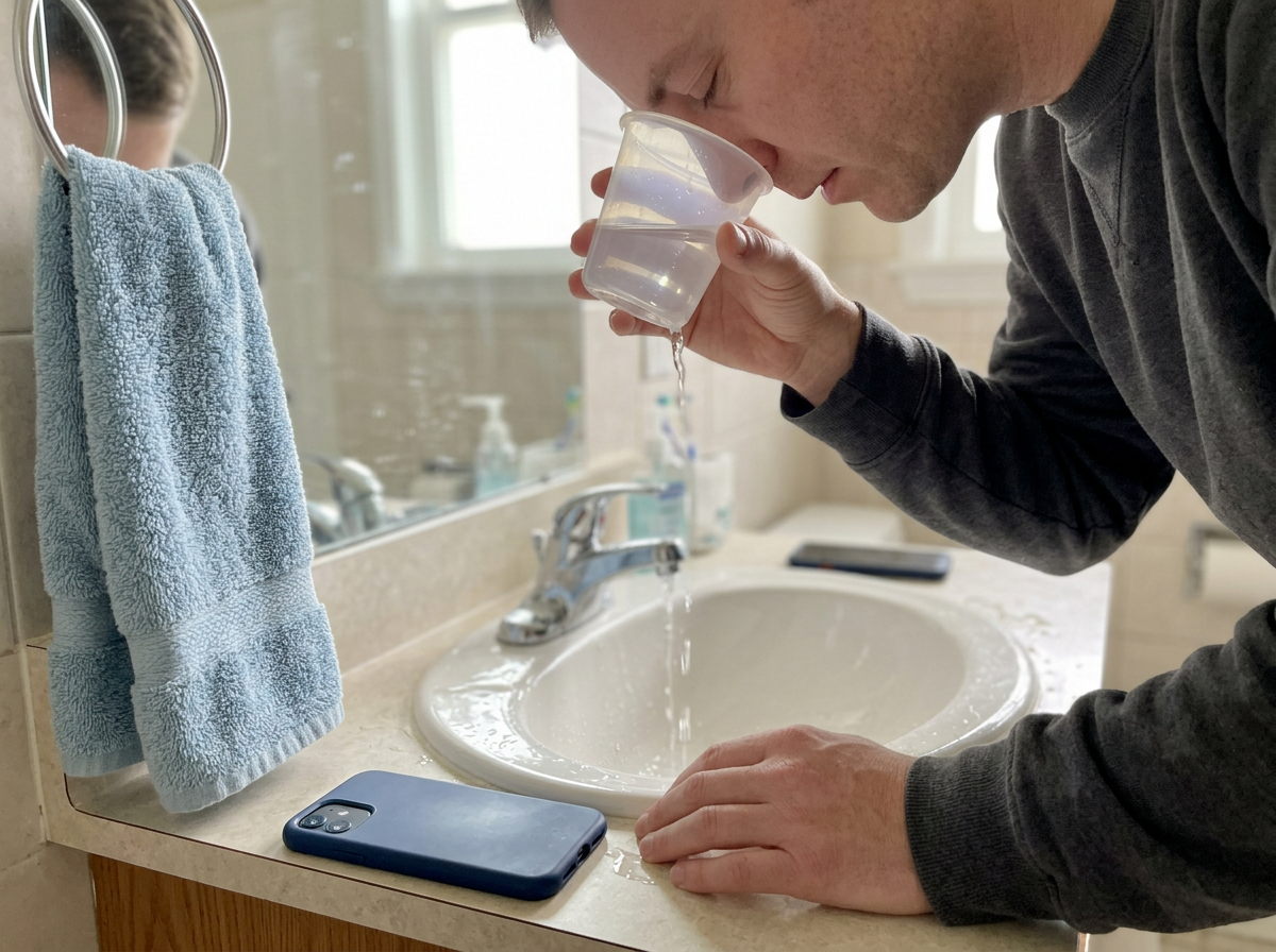 Rinsing an eye after possible contamination, with clean towel nearby