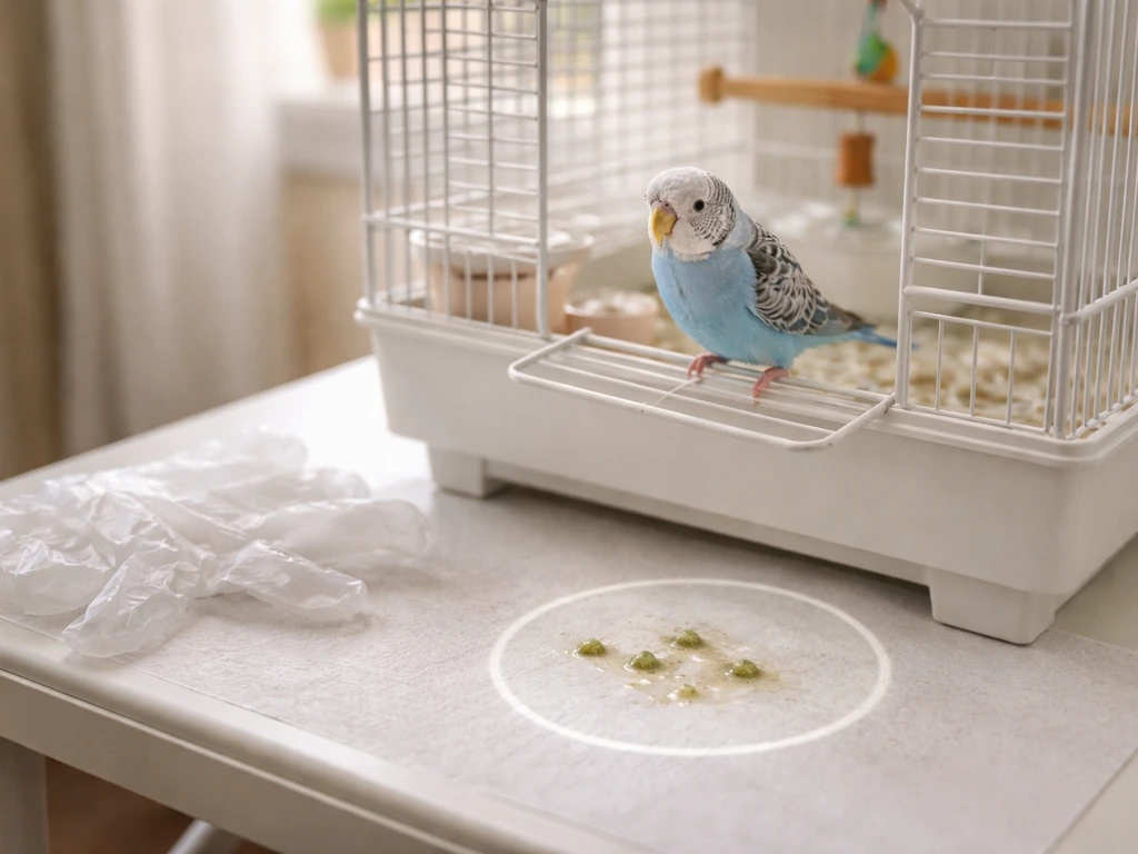 Small pet bird near its cage with visible droppings and gloves nearby to suggest safe cleanup precautions.