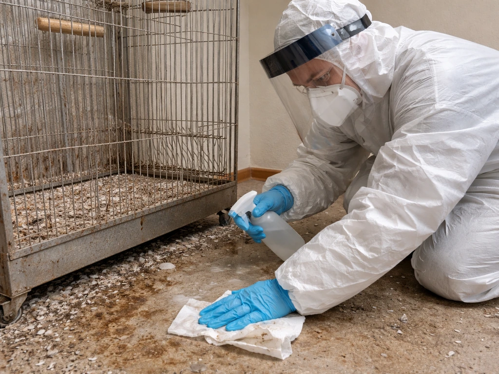 Gloved person in protective gear cleaning a heavily soiled bird cage area, emphasizing heavy buildup