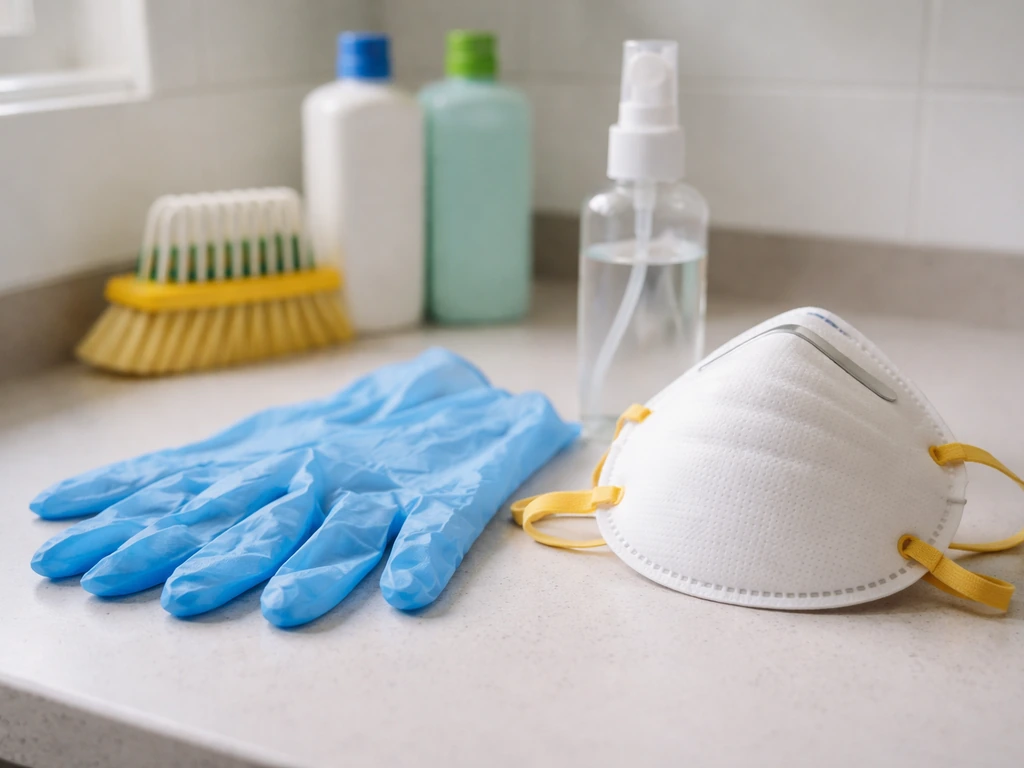 Nitrile gloves and an N95-style respirator on a countertop beside bird-cage cleaning supplies.