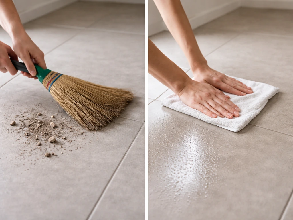 Split view: left dry sweeping dust droppings, right wet disinfect-then-wipe with damp cloth on floor