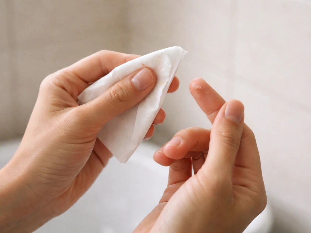 Close-up of a hand using tissue to lift solid residue, then keeping hands away from the face