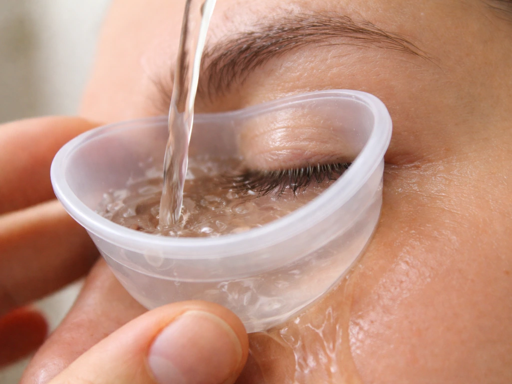 Close-up of an eyewash cup rinsing an eye with clean lukewarm water, showing immediate safe flushing