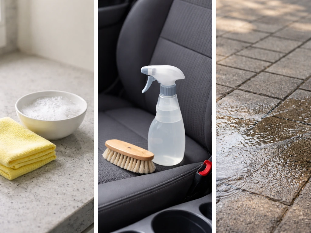 Minimal photo showing countertop, car seat fabric, and outdoor pavement with cleaning tools and wet areas.