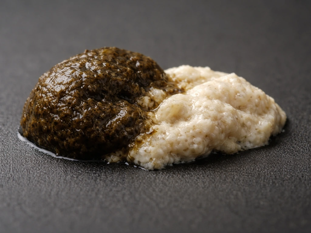 Macro photo showing a dark fecal mass and a pale urate portion separated in a bird dropping-like sample.