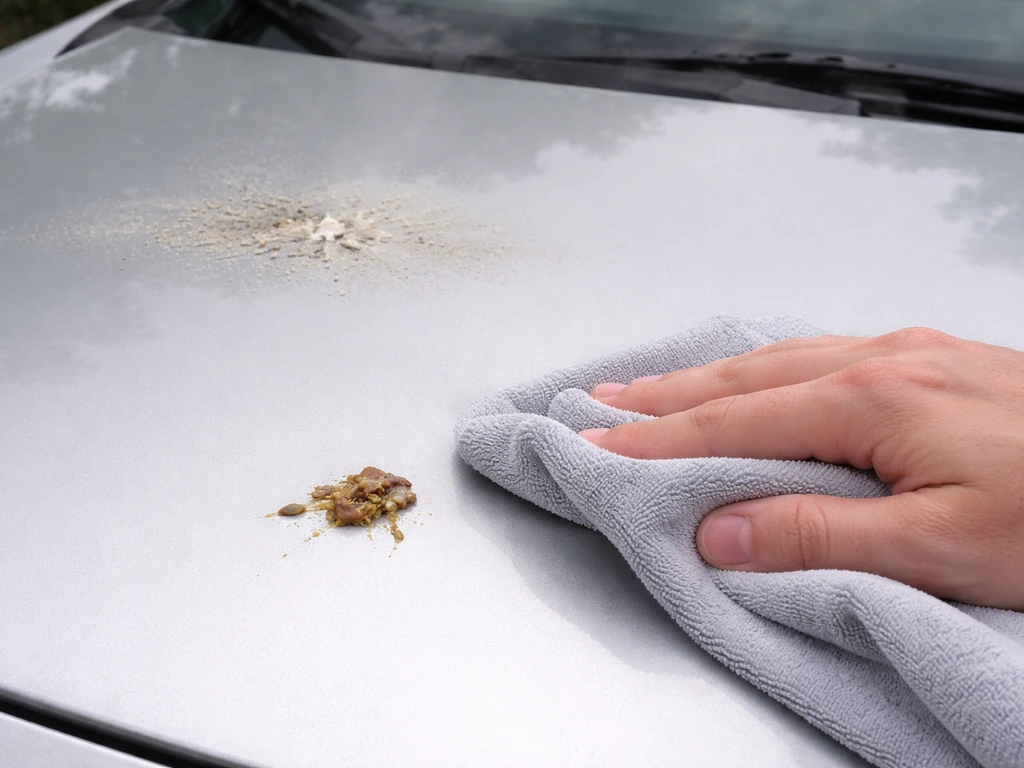 Hands wipe a fresh bird dropping off a car hood; nearby dried residue suggests disturbed dust.