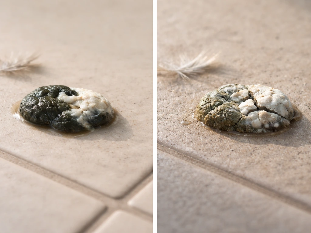 Fresh and dried bird droppings on two similar surfaces, showing differing color and texture.