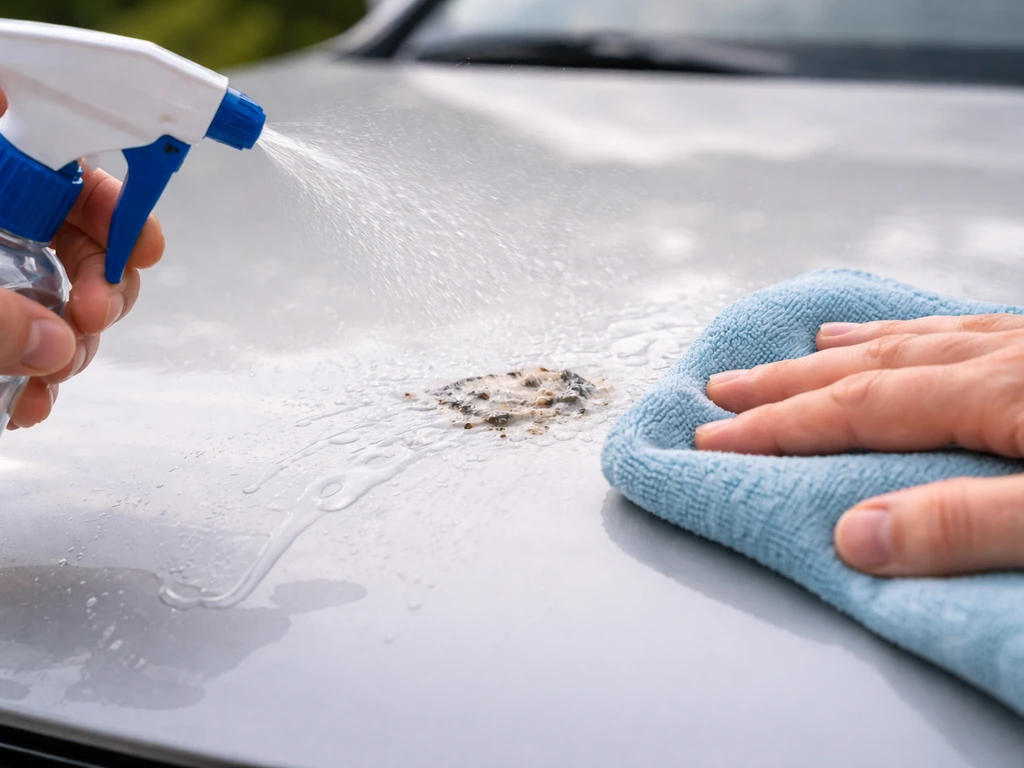 Closeup of damp bird droppings being gently wiped with a damp microfiber cloth