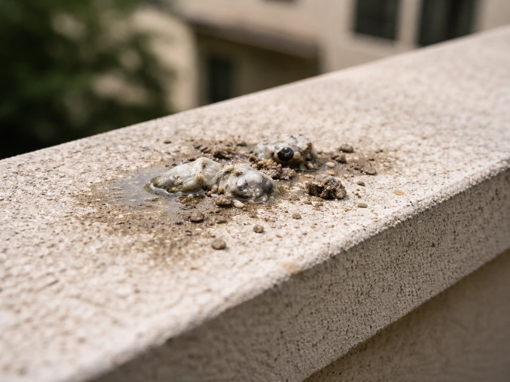 Close-up of dried and fresh bird droppings on an outdoor roof ledge, emphasizing health-risk cleanup.