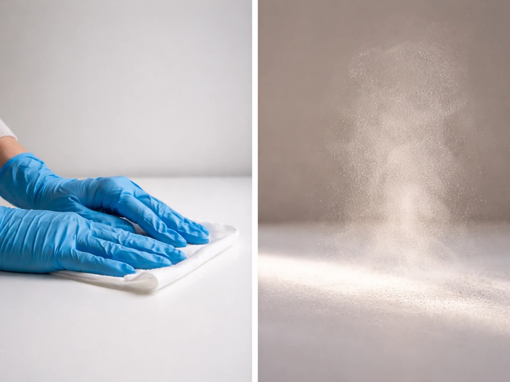 Gloved hands holding a small cleaning wipe next to visible dust in light—contact vs airborne exposure.