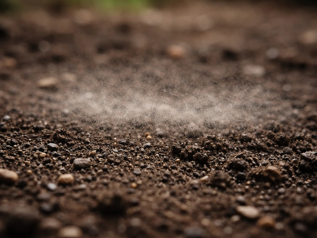 Gritty contaminated soil outdoors with a faint, dust-like spore atmosphere rising from the ground.