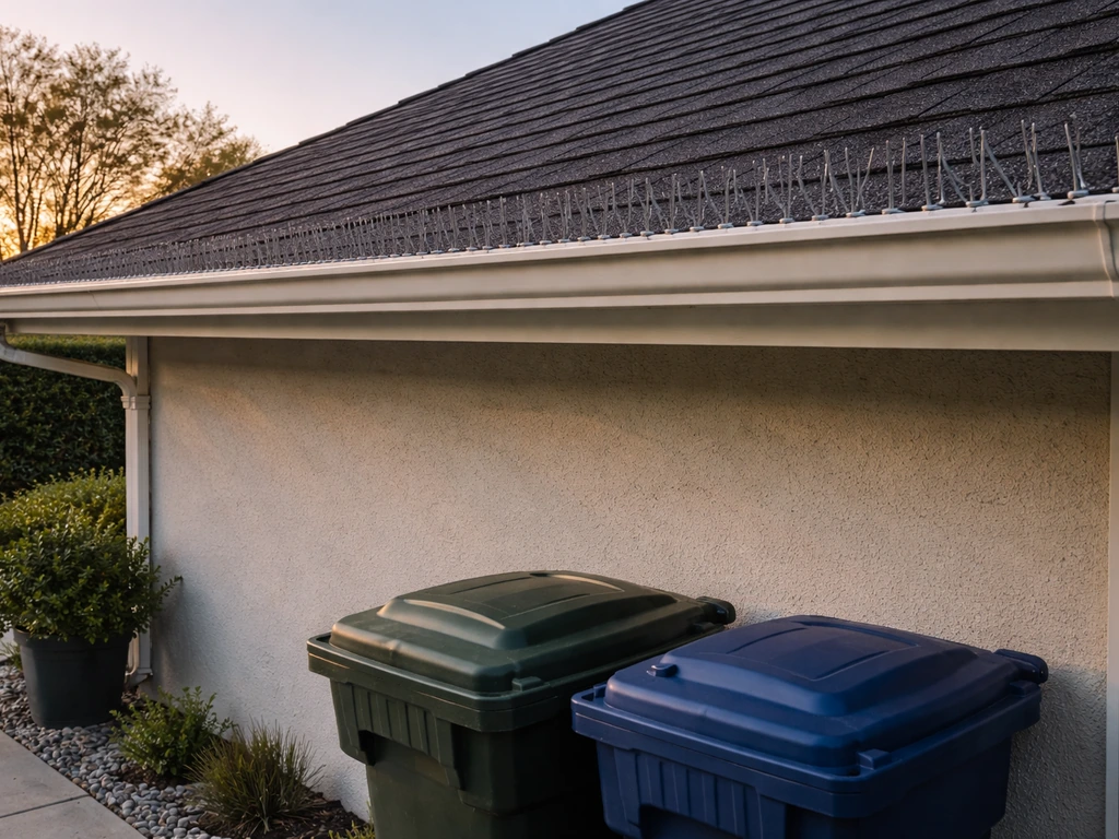 Roofline with bird spikes and closed trash/compost bins with tight lids to prevent roosting and buildup.