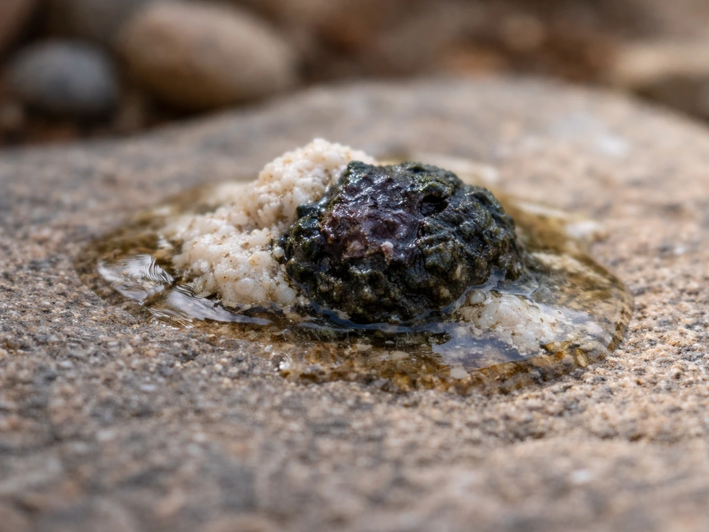 Macro close-up of bird droppings showing mixed darker pigment and lighter urate with urine sheen.