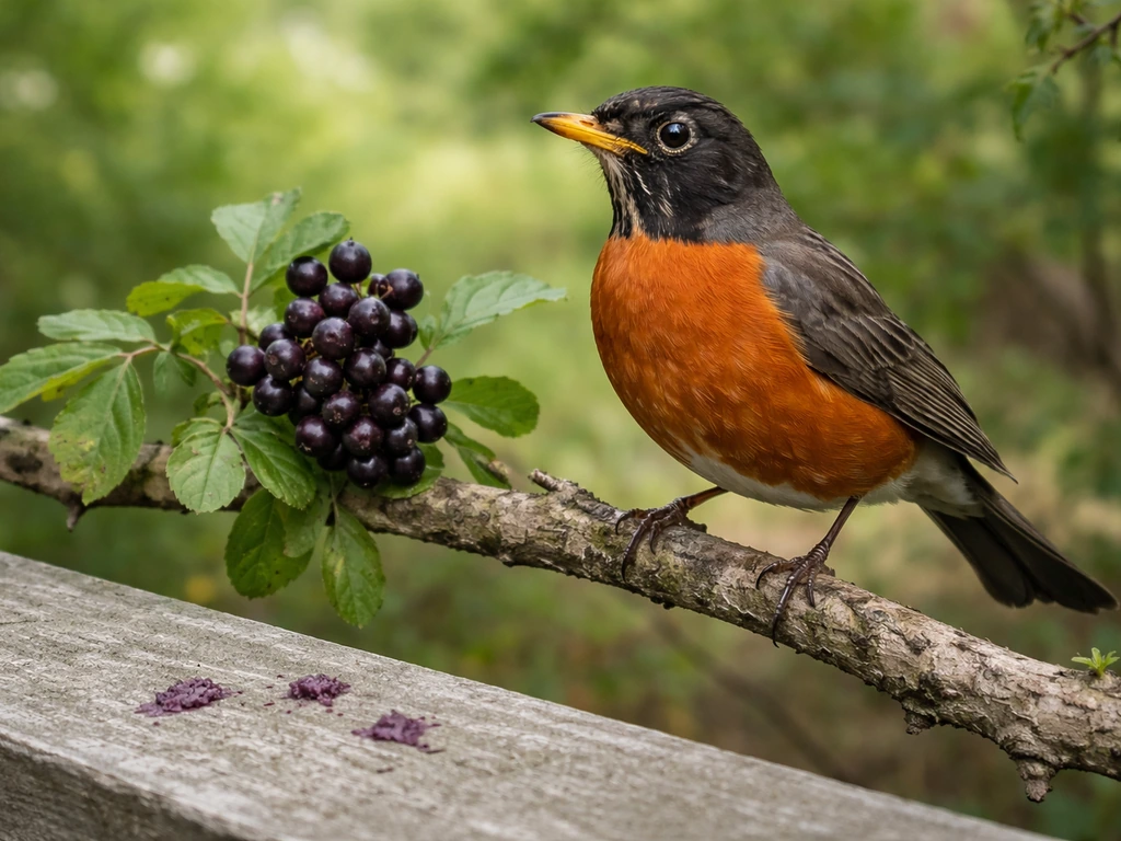 An American robin near dark purple berries with purple-tinted droppings visible on nearby stone.