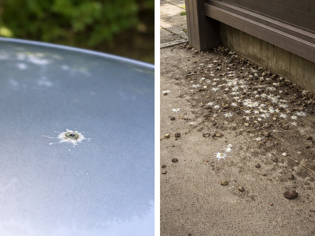 Split view: one fresh bird dropping on a car next to a larger accumulation under a roof edge.