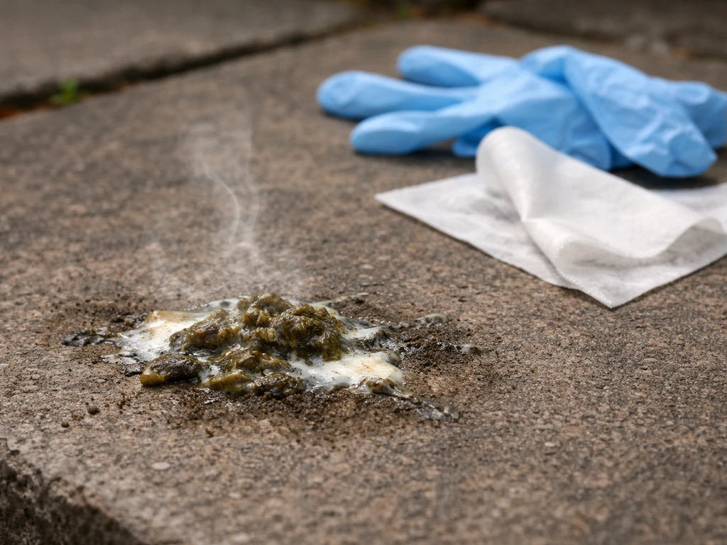Close-up of bird droppings on a surface with cleaning gloves and a wipe nearby, subtle haze suggesting odor