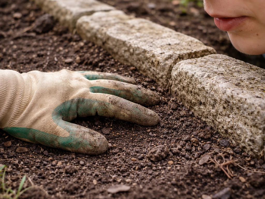 Gloved hand touches dirty garden surface with a subtle residue trace near a hidden mouth area